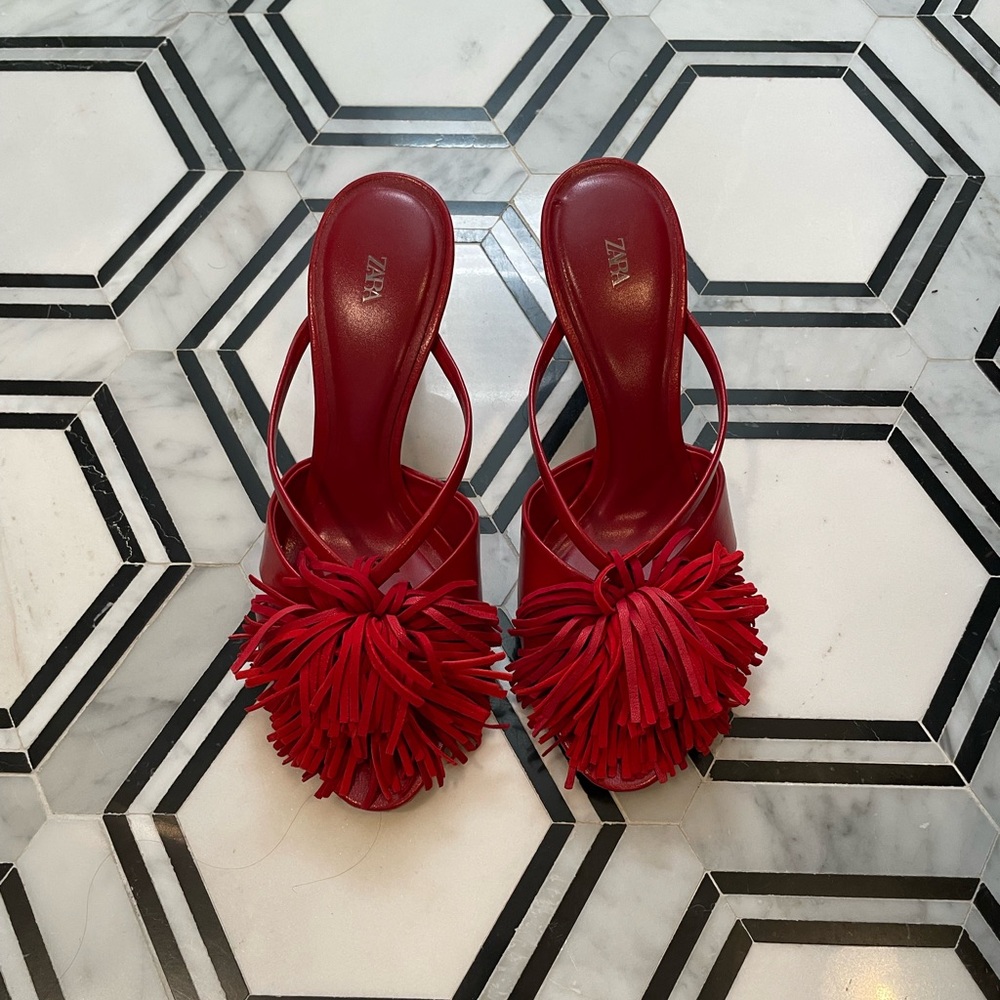 ZARA red leather mules